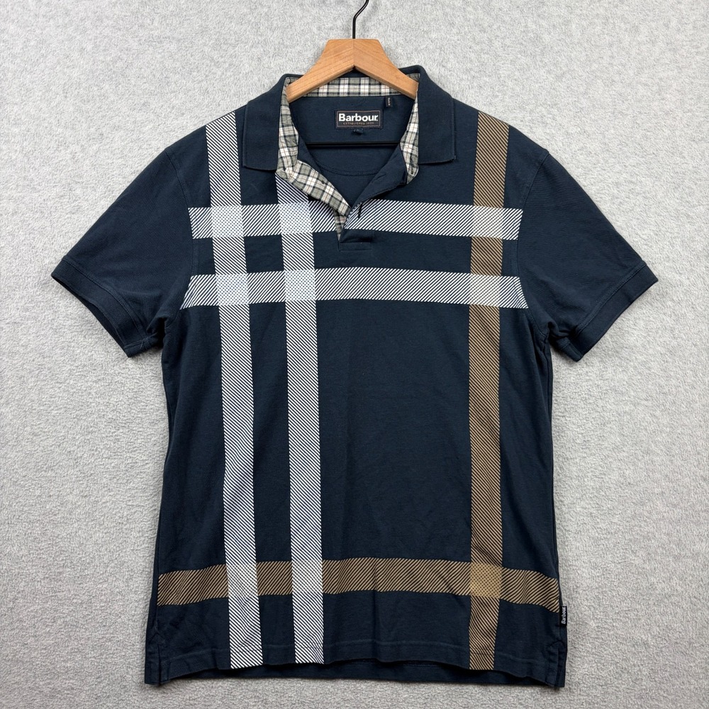 Barbour Polo Shirt Mens Large Navy Tartan Plaid Check Cotton Pique Portugal